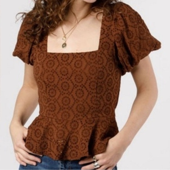 Band of Gypsies Tops - Band of the Free Brown Palmer Eyelet Boho Peplum Stretch Top Womens Sz Large NWT